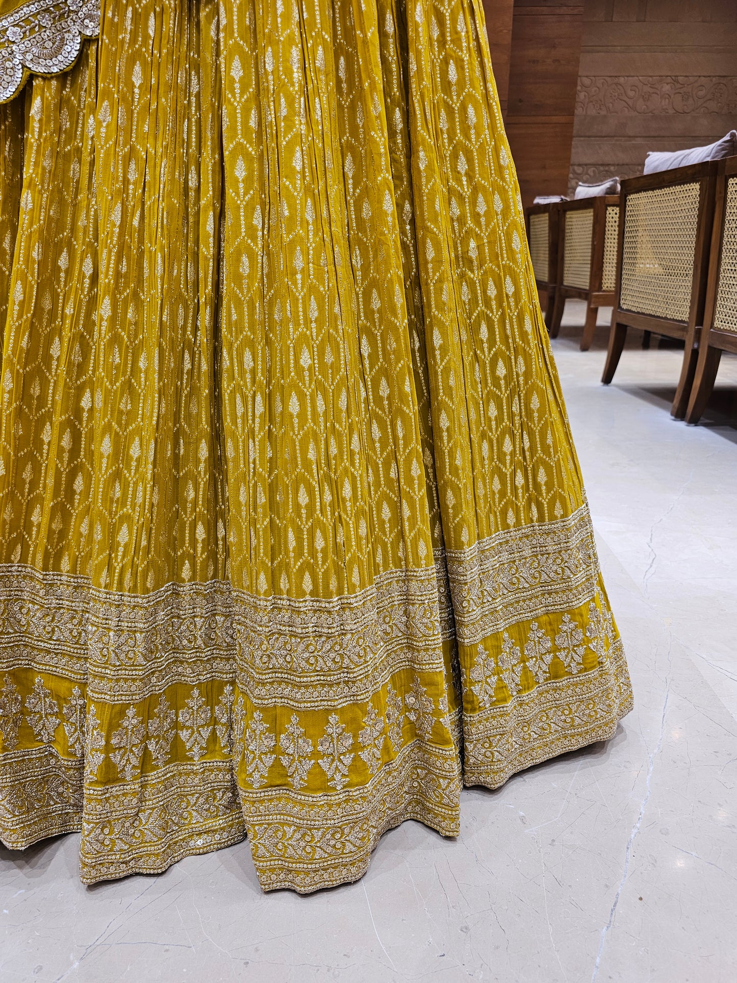 Yellow Pleated Lehenga with Designer Blouse
