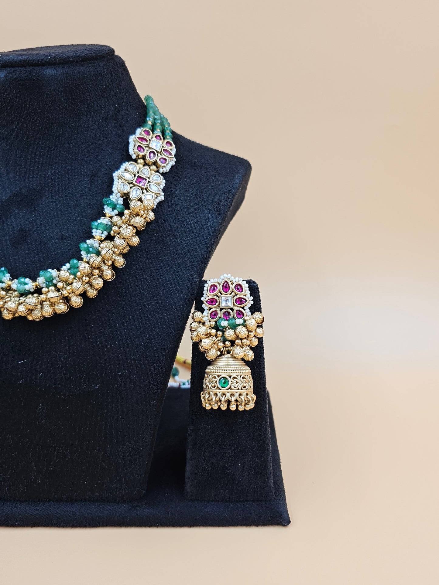 Traditional Gold-Tone Necklace Set with Green and Pink Stones