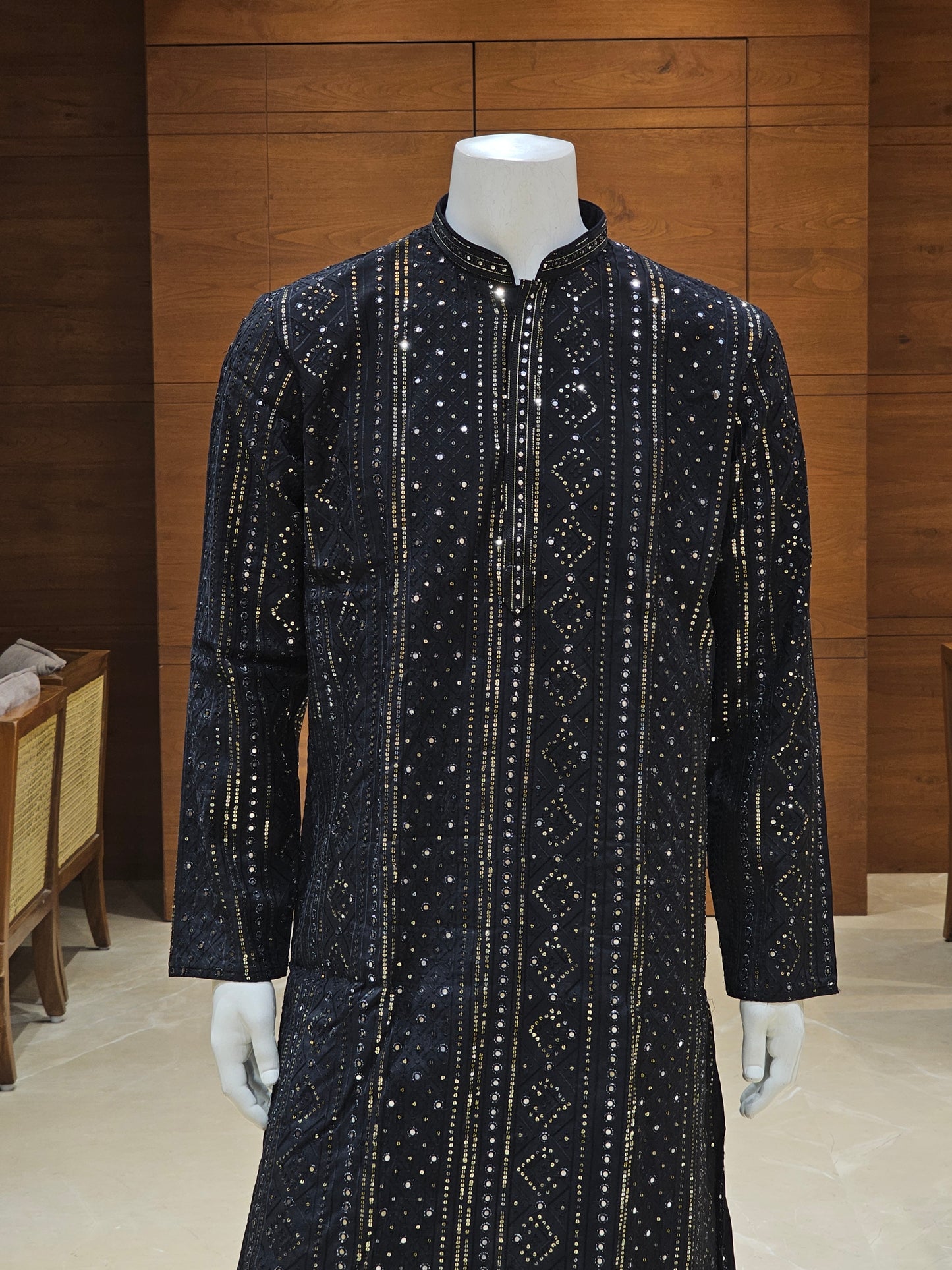 Navy Blue Cotton Kurta Set with Sequin Embroidery