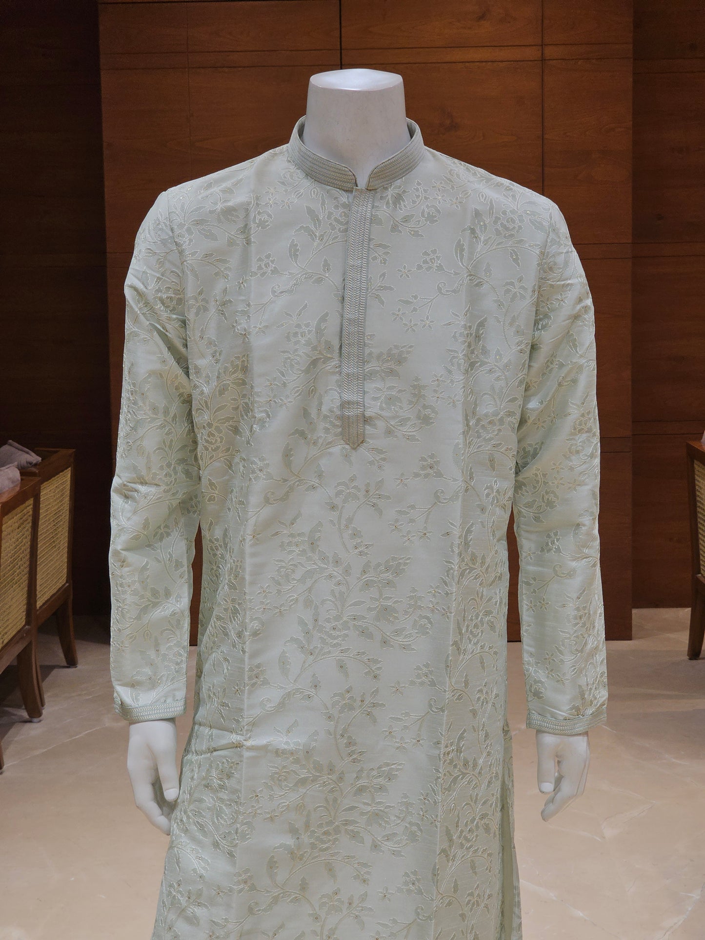 Mint Green Cotton Kurta Set with Floral Embroidery