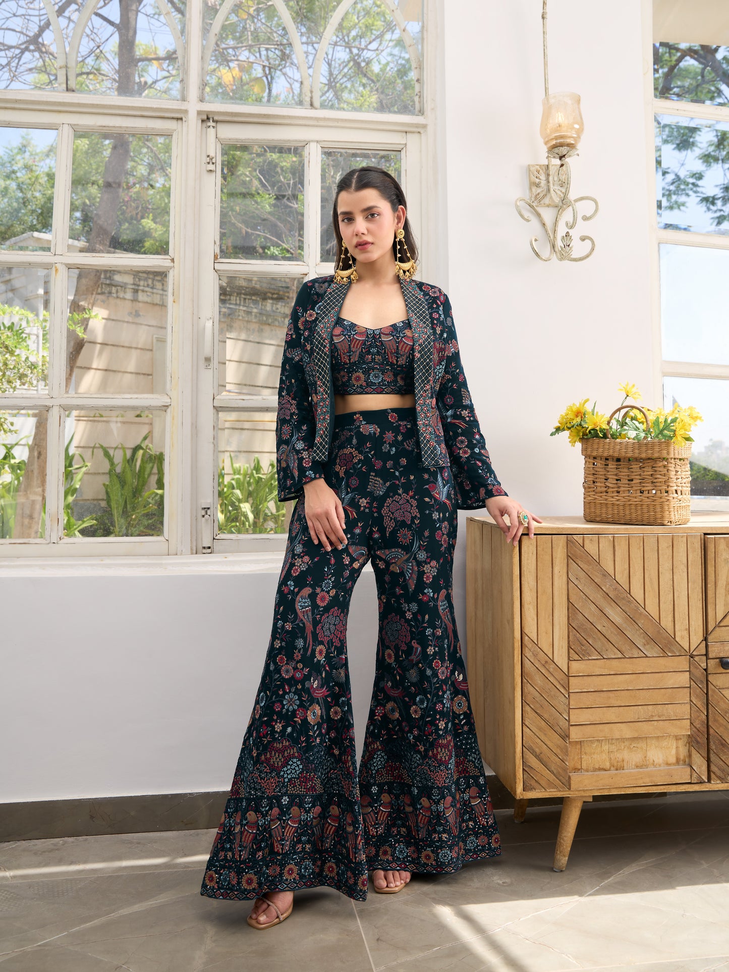Rosewood Rhapsody: Embroidered Jacket & Palazzo Sets