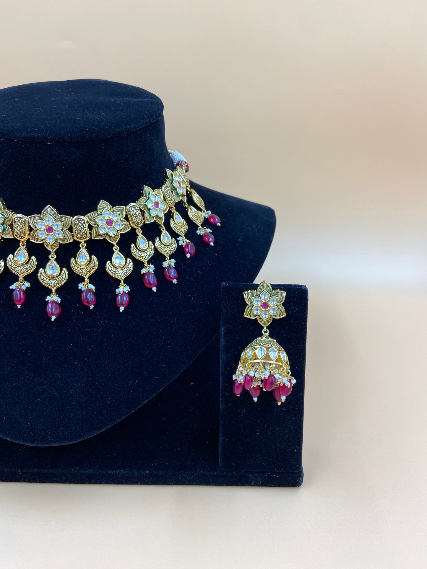 Floral Kundan Necklace Set with Pink Beads