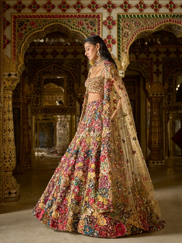 Multi-Coloured Three-Dimensional Floral Lehenga Set