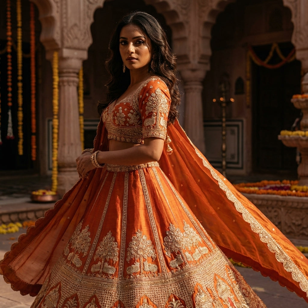 Burnt orange bridal lehenga, embroidered blouse and dupatta border detail