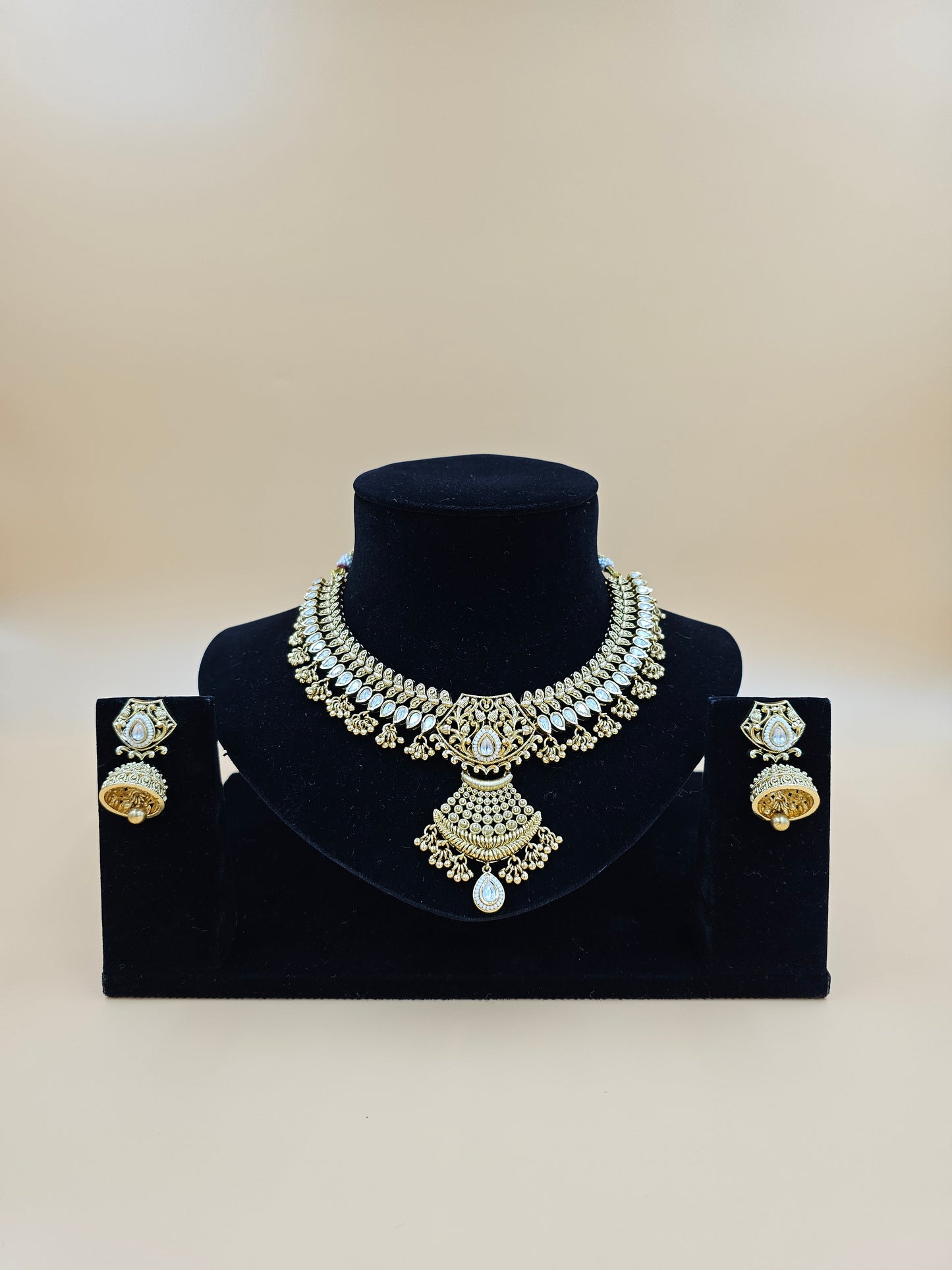 Traditional Gold-Tone Necklace Set with White Stones