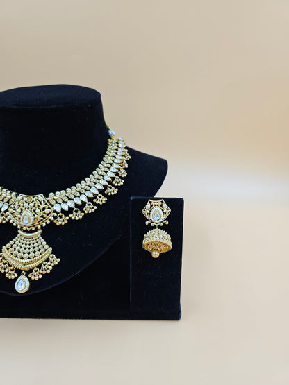 Traditional Gold-Tone Necklace Set with White Stones