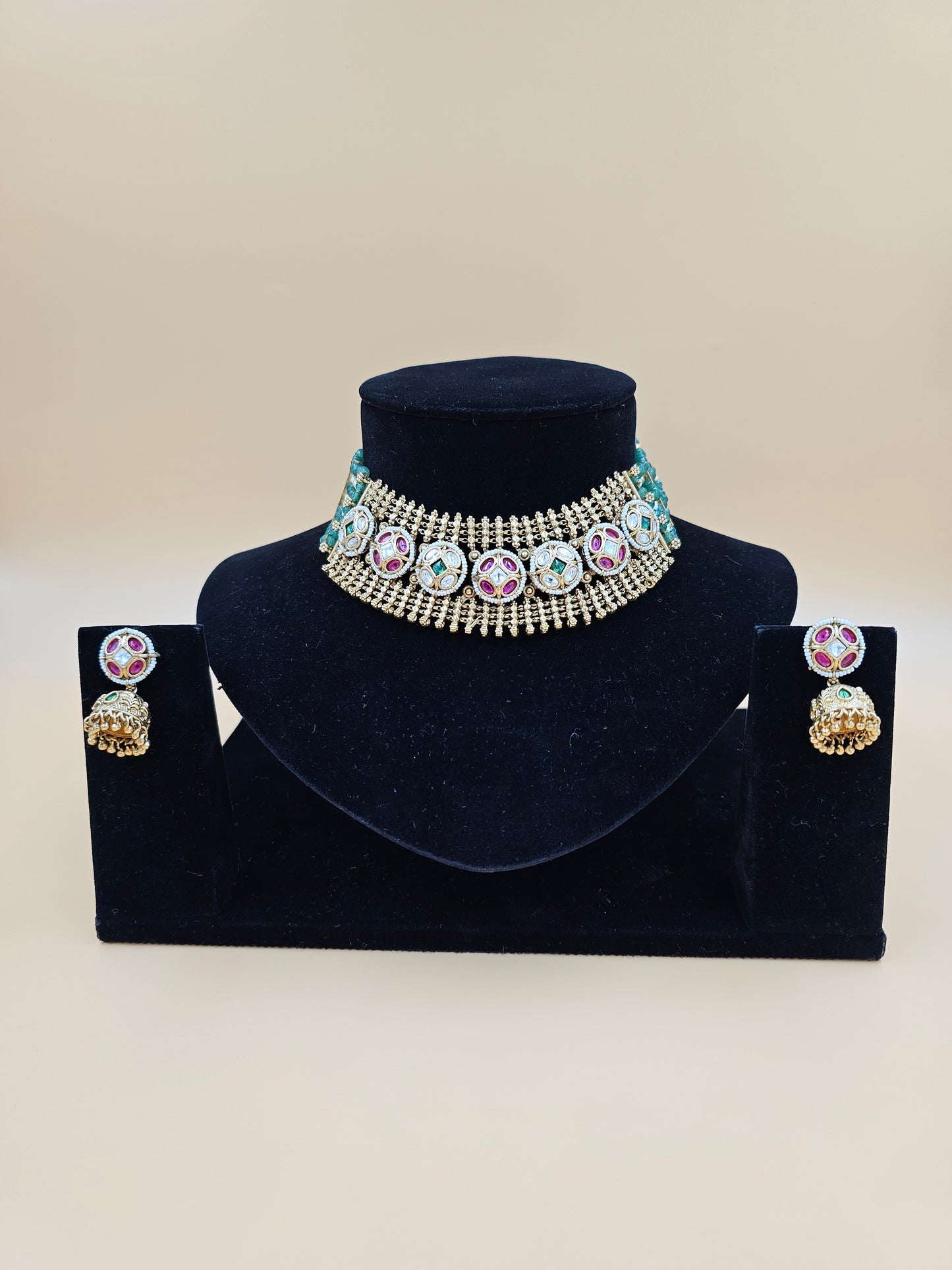 Traditional Gold-Tone Necklace Set with Green and Pink Stones