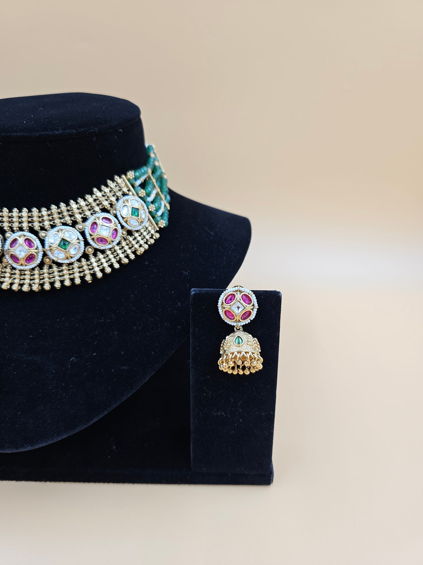 Traditional Gold-Tone Necklace Set with Green and Pink Stones