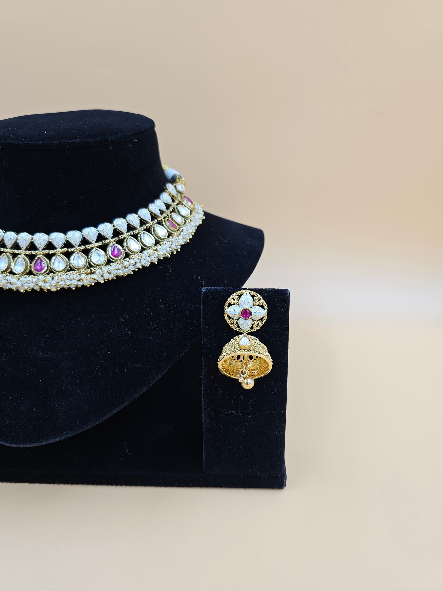 Elegant Gold-Tone Necklace Set with Pink and White Stones