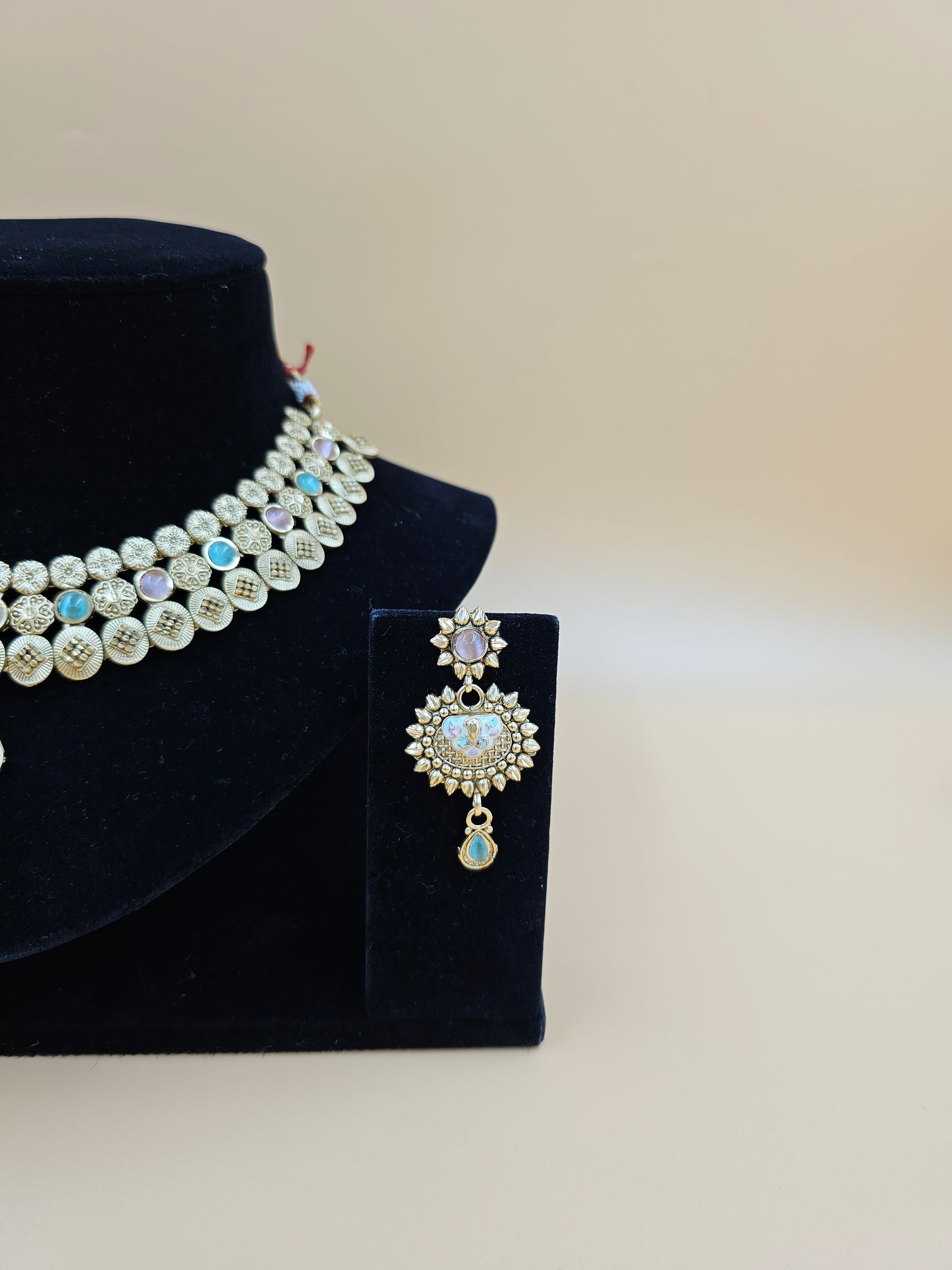 Elegant Gold-Tone Necklace Set with Pink and Blue Stones