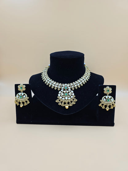 Kundan Necklace Set with Green and White Stones