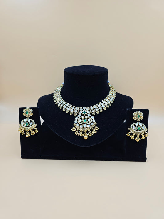 Kundan Necklace Set with Green and White Stones