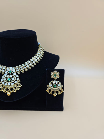 Kundan Necklace Set with Green and White Stones