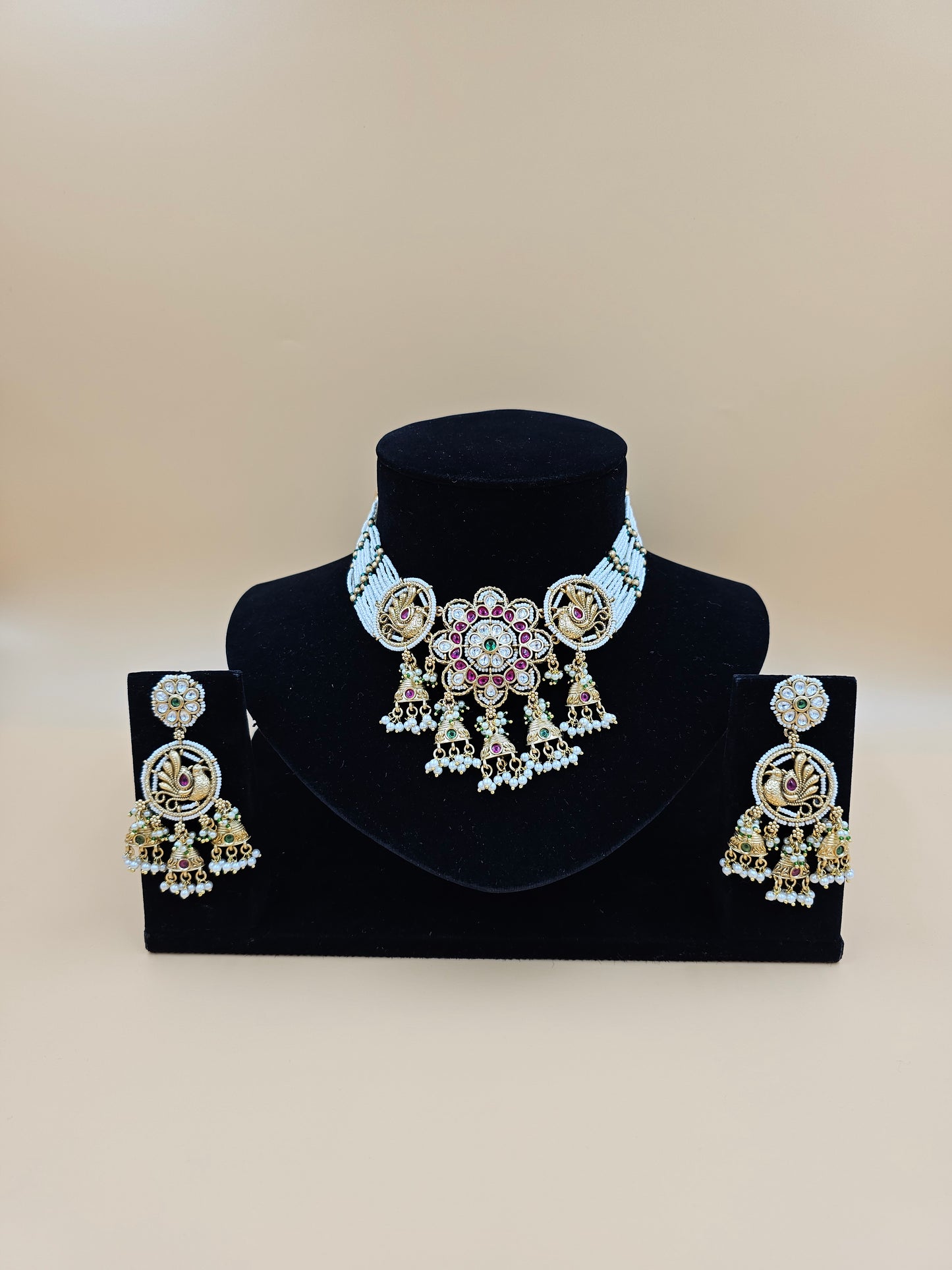 Elegant Pearl Necklace Set with Floral Motif