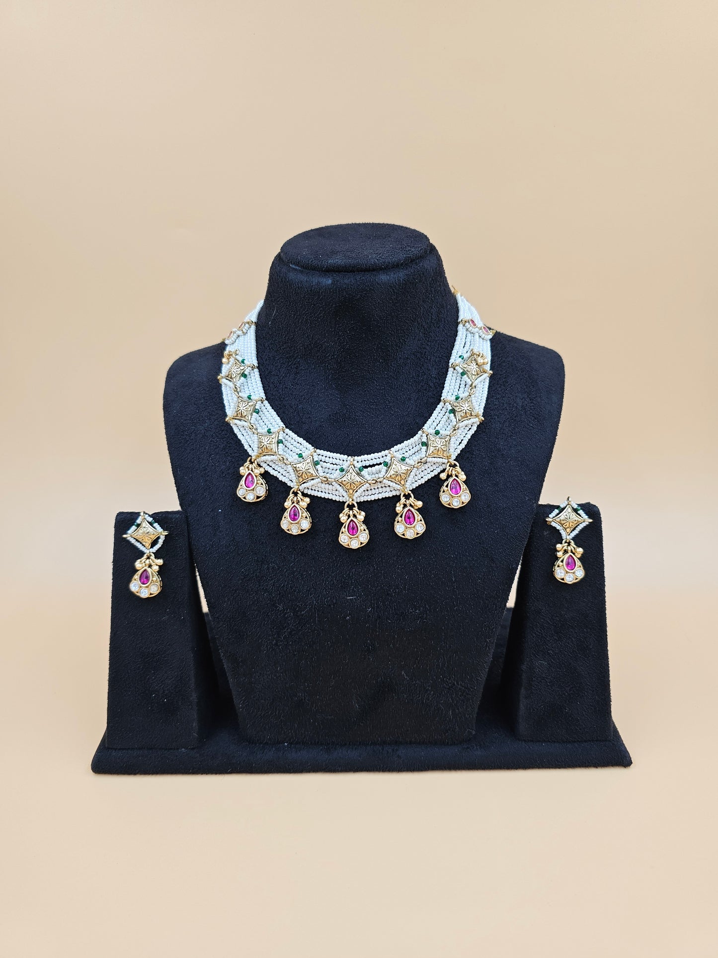 Pearl and Kundan Necklace Set with Floral Motifs