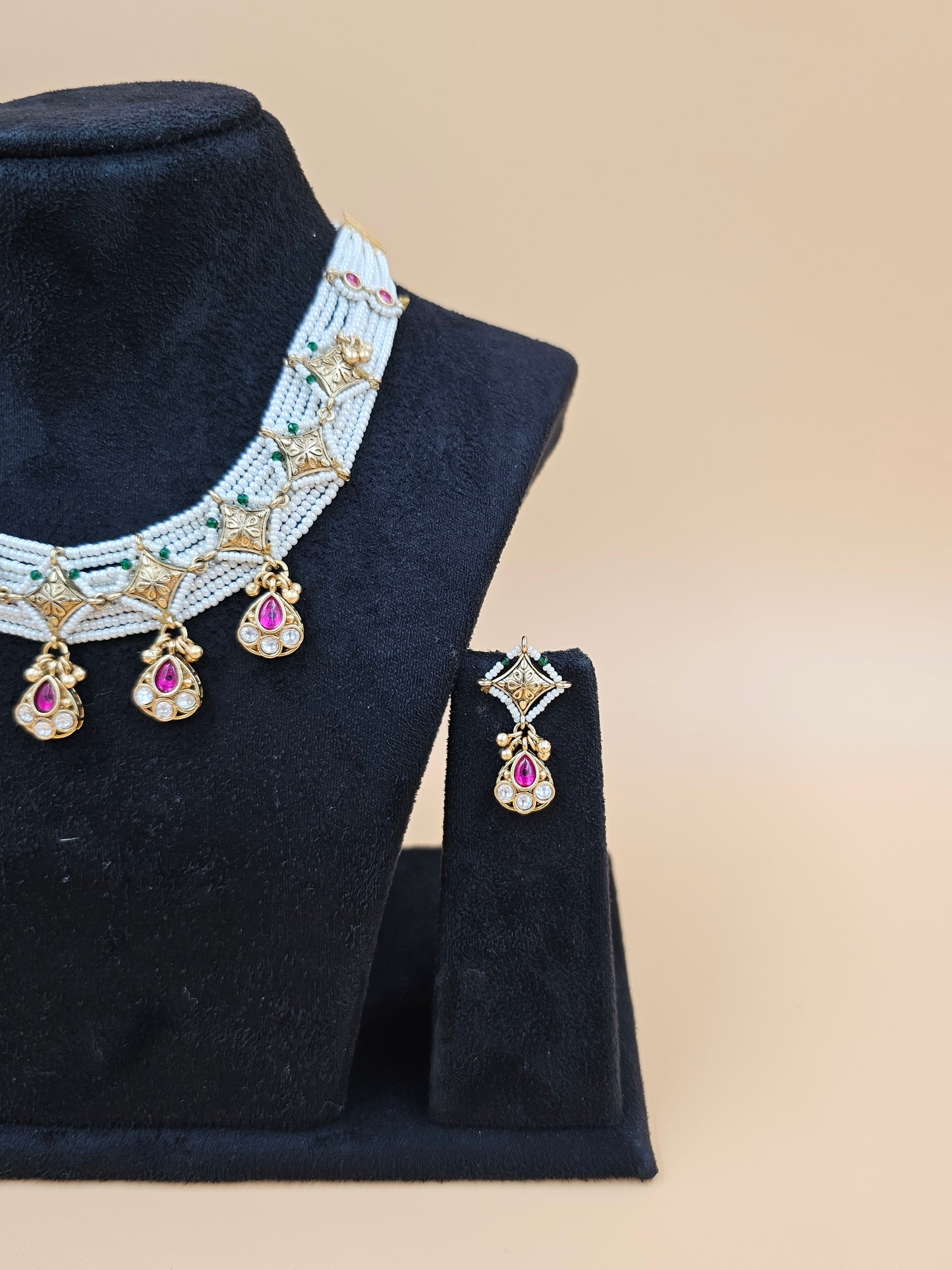 Pearl and Kundan Necklace Set with Floral Motifs