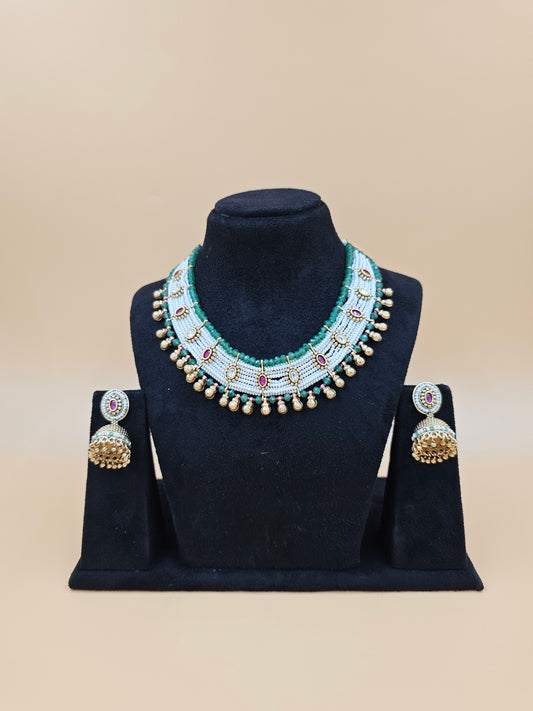 Pearl and Kundan Necklace Set with Green Accents