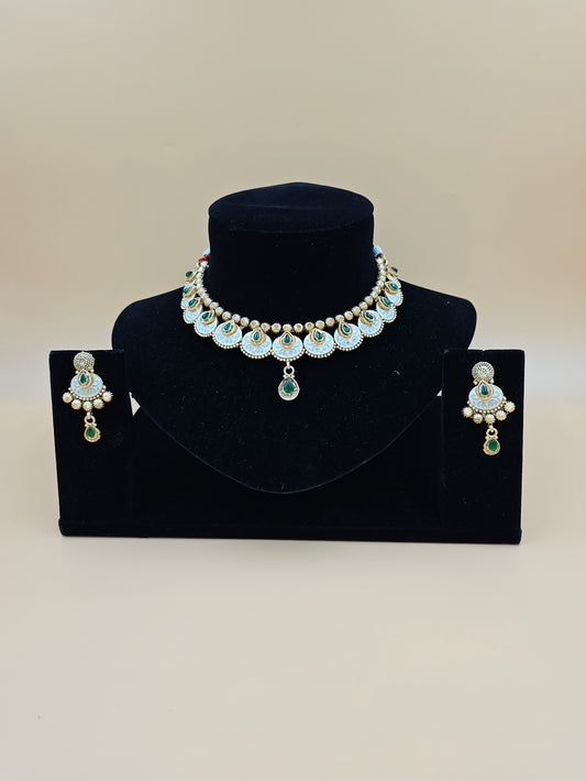 Elegant Gold-Tone Necklace Set with Green and White Stones