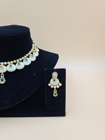 Elegant Gold-Tone Necklace Set with Green and White Stones