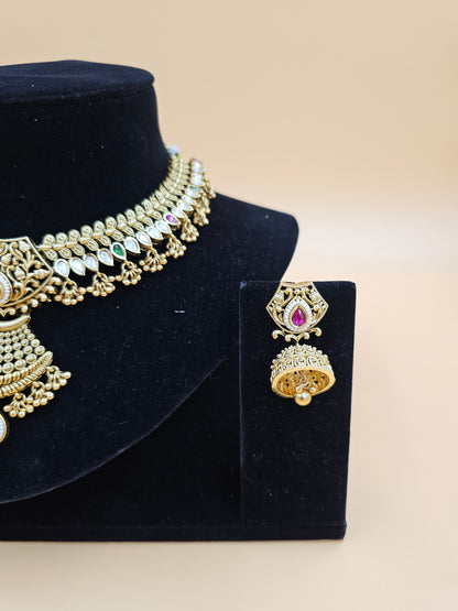 Traditional Gold-Tone Necklace Set with Green and Pink Stones