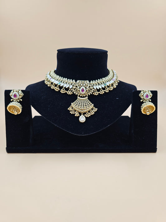 Traditional Gold-Tone Necklace Set with Green and Pink Stones