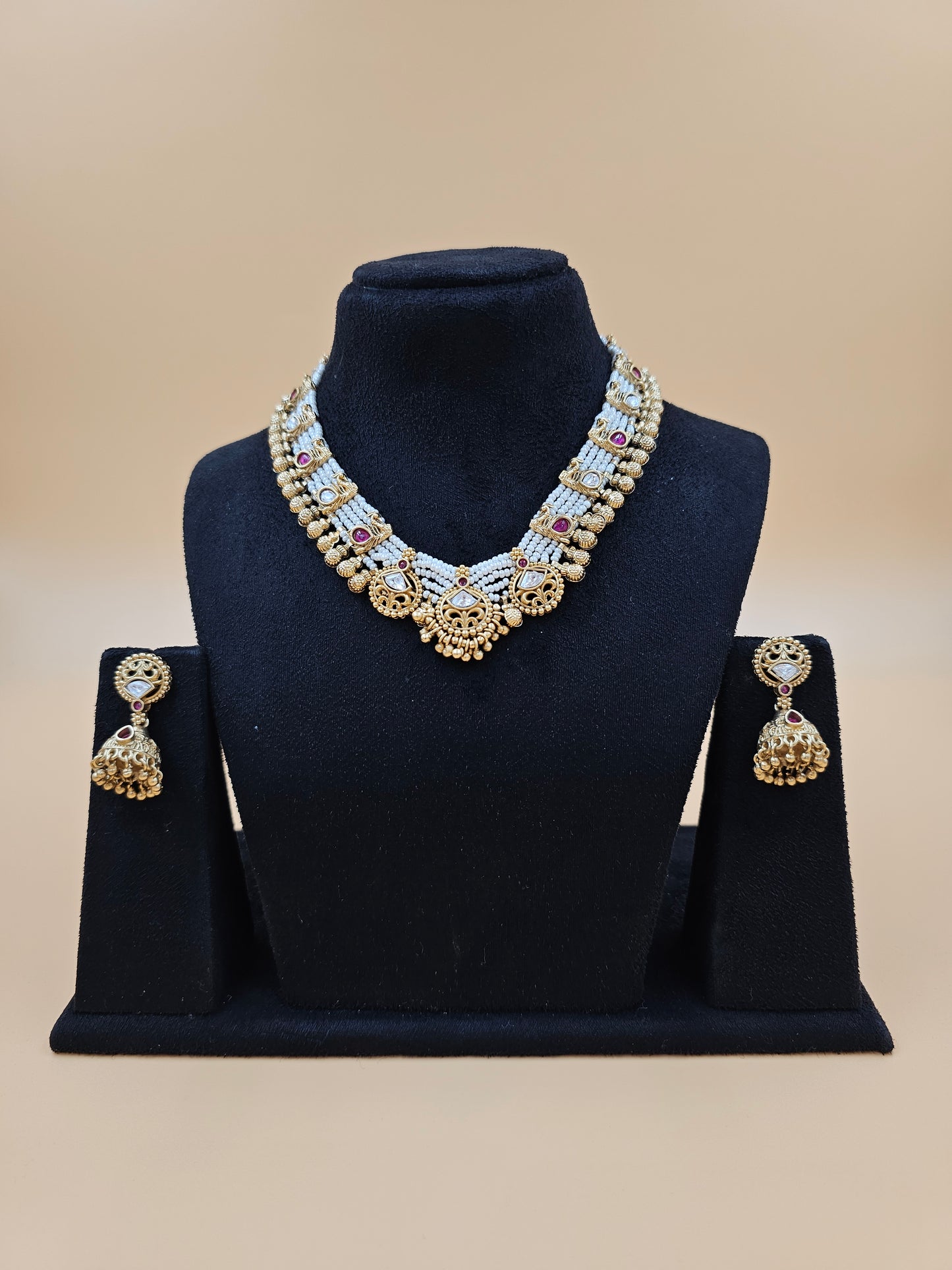 Pearl and Kundan Necklace Set with Green Accents