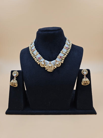 Pearl and Kundan Necklace Set with Green Accents