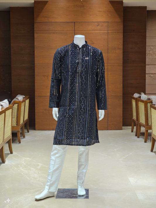 Navy Blue Cotton Kurta Set with Sequin Embroidery