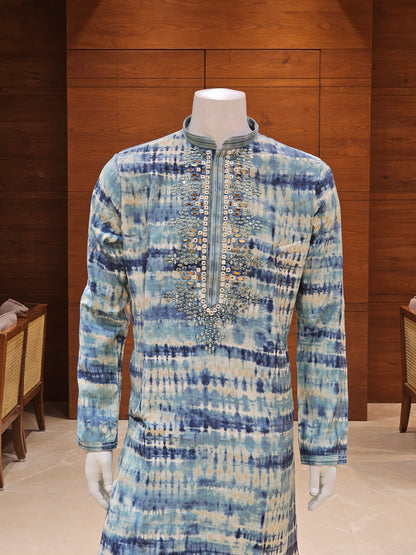 Blue Tie-Dye Cotton Kurta Set with Embroidery