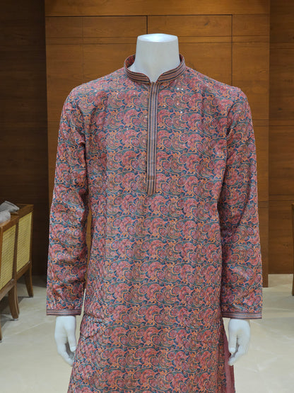 Maroon and Blue Printed Cotton Kurta Set