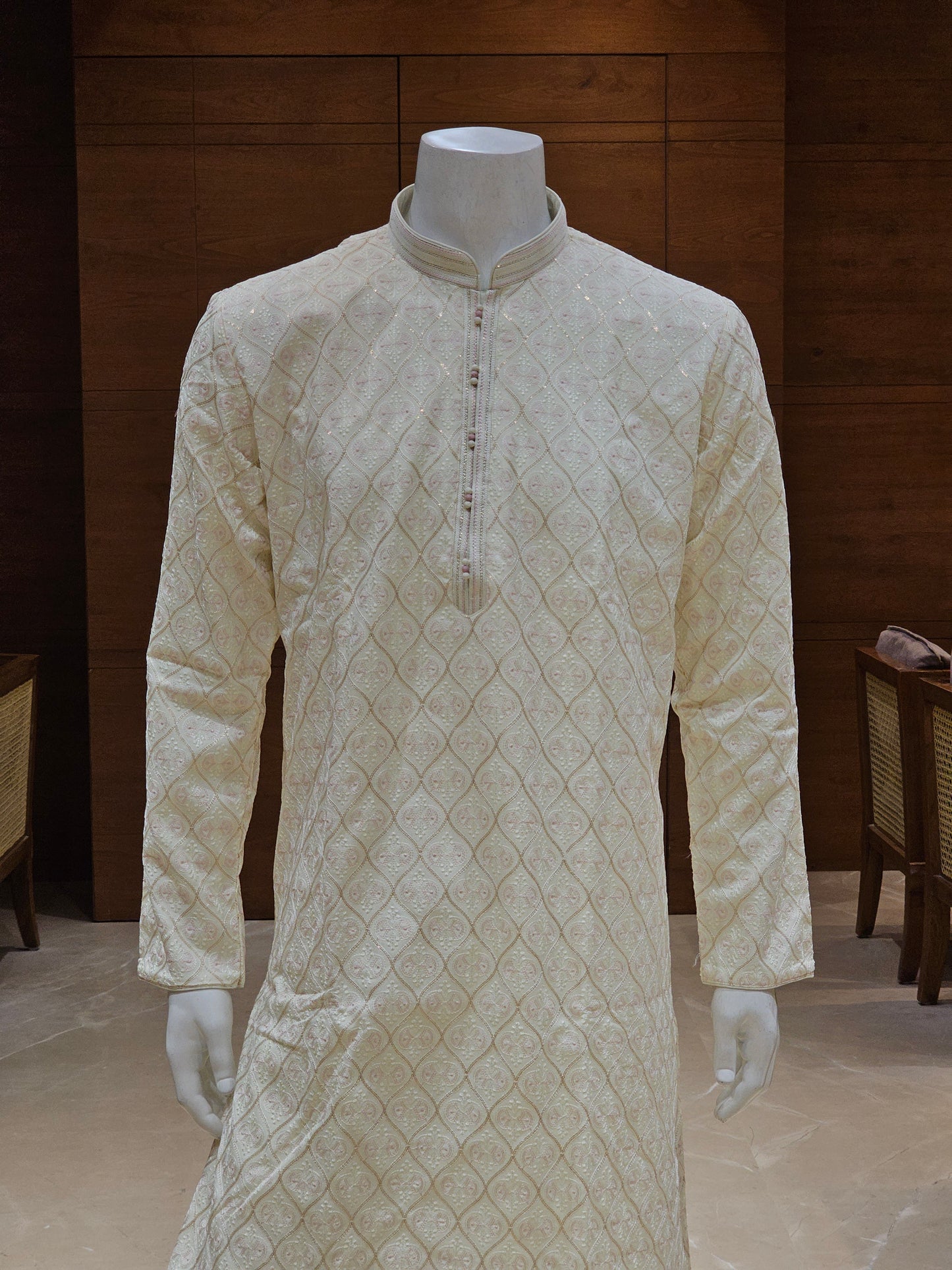 White Jacquard Silk Kurta Set with Prints