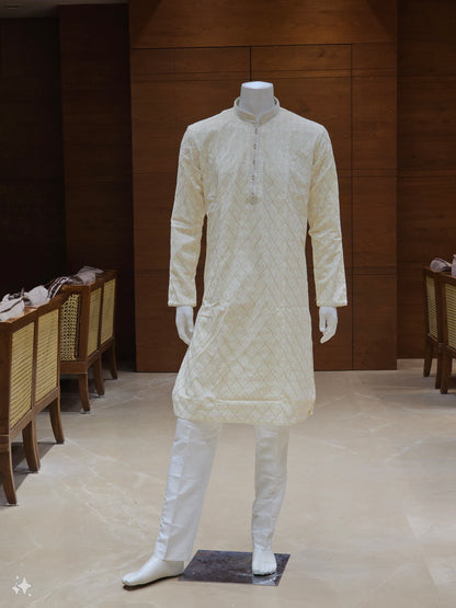 White Jacquard Silk Kurta Set with Prints