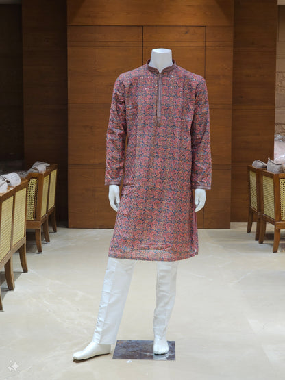 Maroon and Blue Printed Cotton Kurta Set