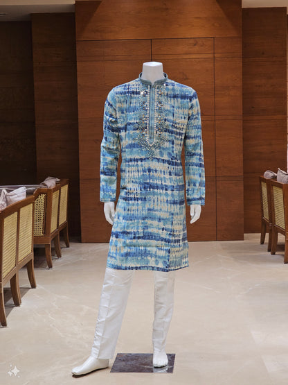 Blue Tie-Dye Cotton Kurta Set with Embroidery