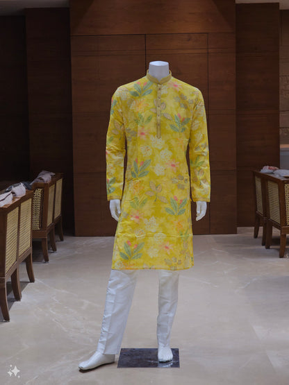 Yellow Floral Cotton Kurta Set