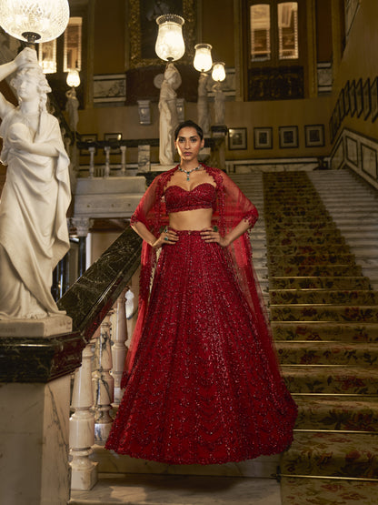 Red Crystal Lehenga Set