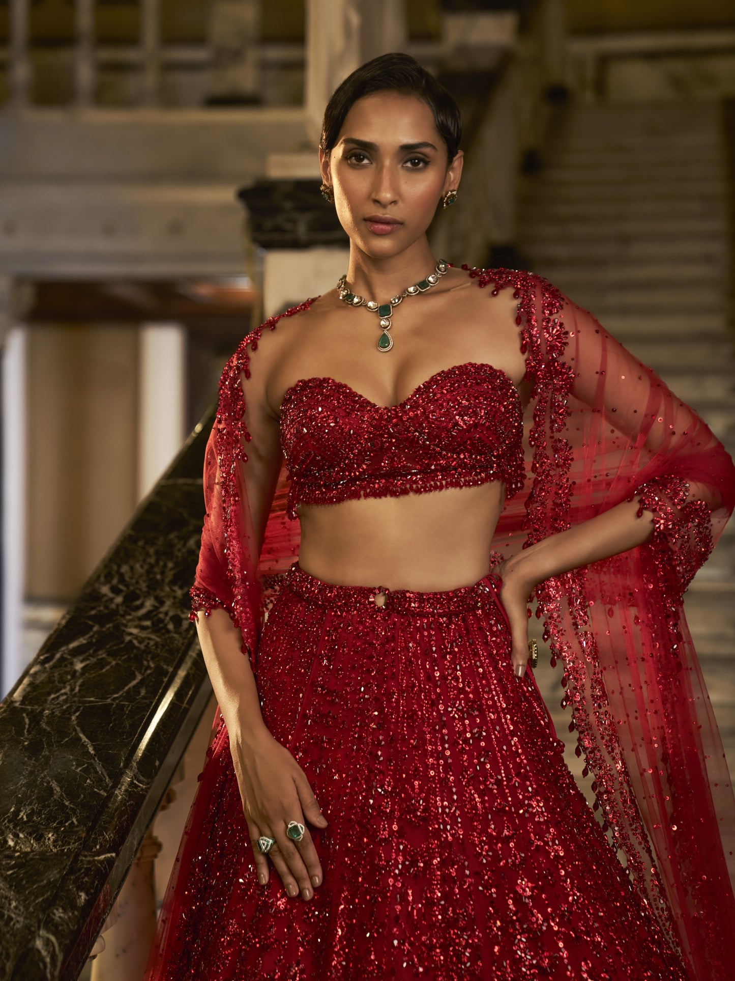 Red Crystal Lehenga Set