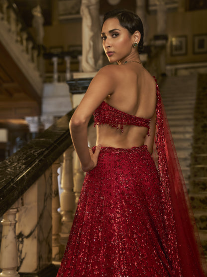 Red Crystal Lehenga Set