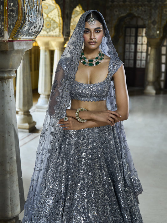 Steel Grey Mirror Work Lehenga Set