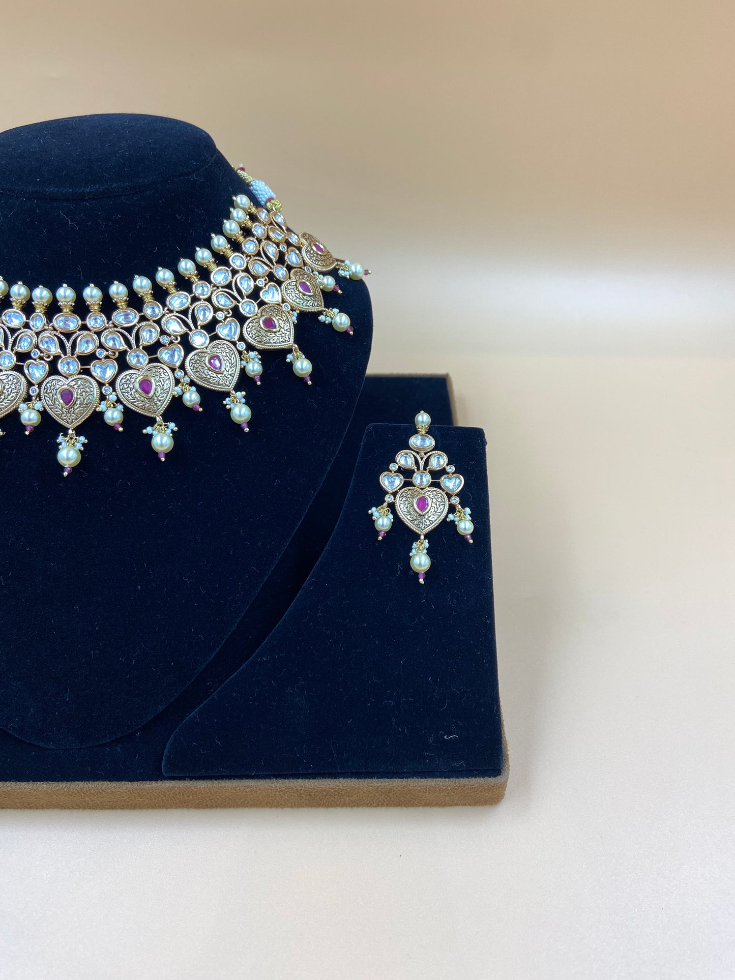 Heart-Shaped Kundan Necklace Set with Pearls