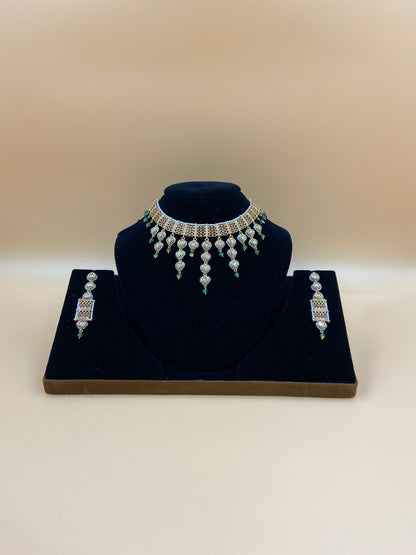 Elegant Gold-Tone Necklace Set with Green and White Stones