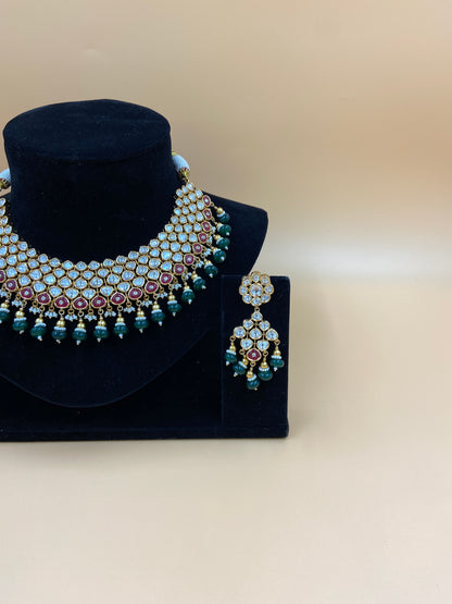 Kundan Choker Set with Green and Pink Stones