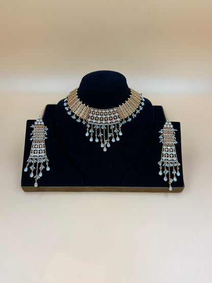 Kundan Necklace Set with Blue and White Stones