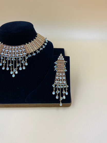 Kundan Necklace Set with Blue and White Stones