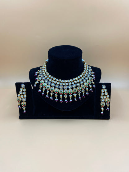 Kundan Necklace Set with Green and Pink Stones