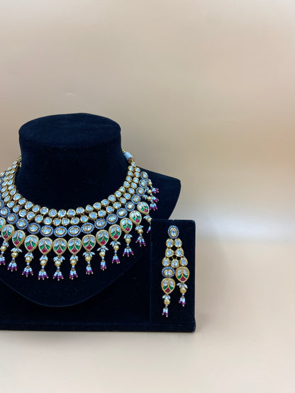 Kundan Necklace Set with Green and Pink Stones