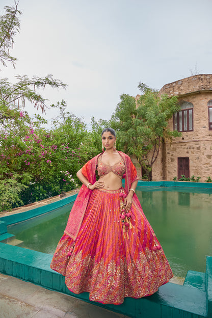 Mahalaxmi pink and orange leheriya lehenga set, full length