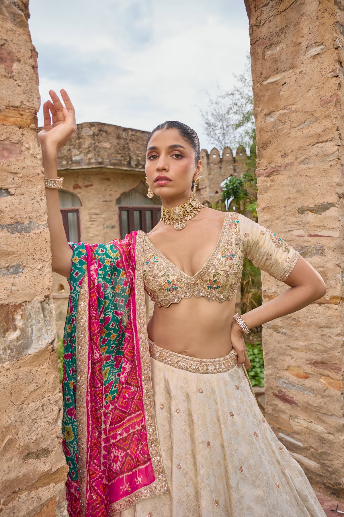 Maitri ivory lehenga, embroidered blouse detail