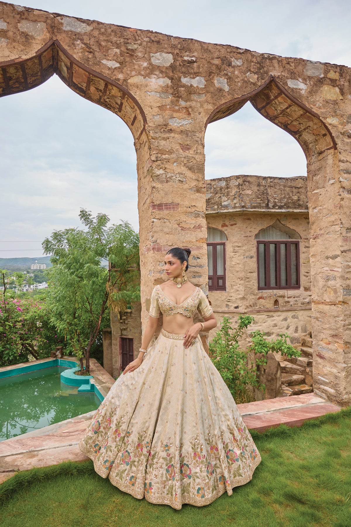 Maitri ivory lehenga set with patola dupatta, full length