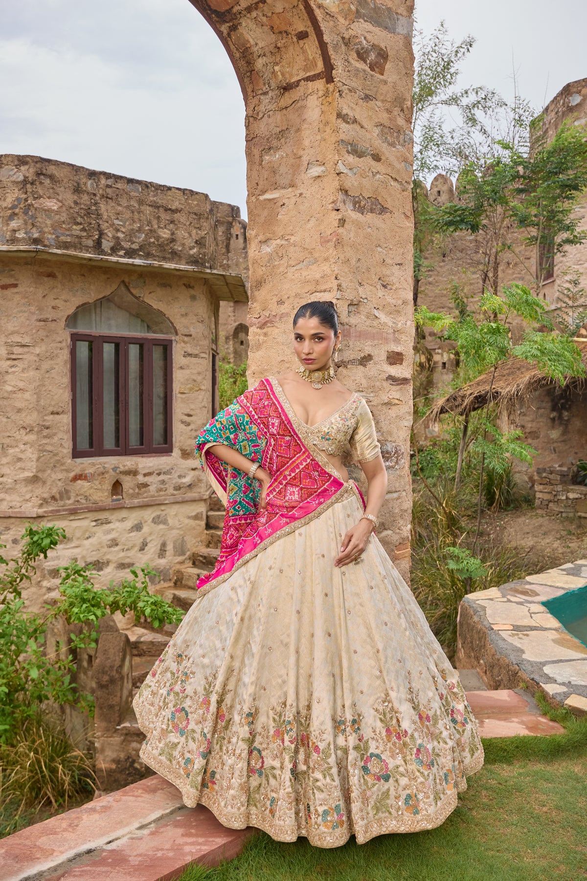 Maitri ivory lehenga with contrast patola dupatta